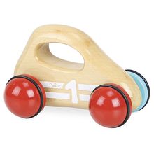 Petite voiture rapide bleue, un jouet en bois à pousser. Selecta pour enfant  1 à 2 ans .