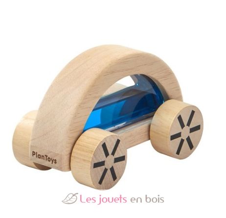 Petite voiture rapide bleue, un jouet en bois à pousser. Selecta pour enfant  1 à 2 ans .